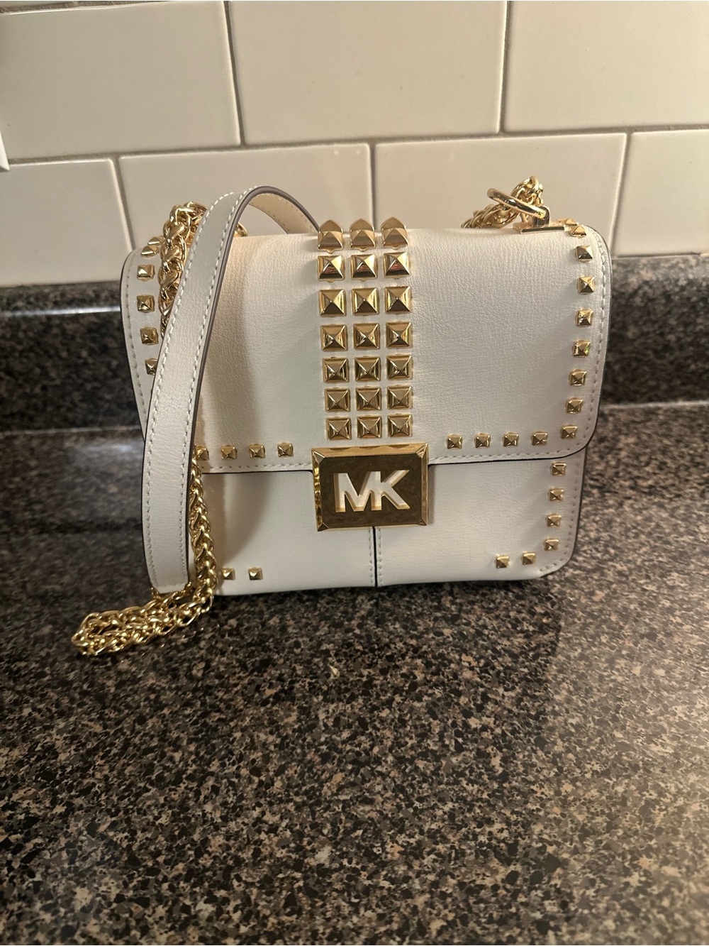 Michael Kors White Leather Studded Crossbody with Gold Hardware - Picture 4 of 4